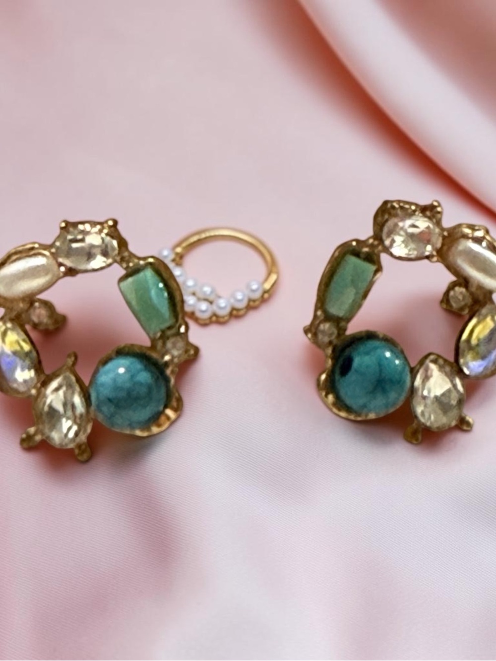 Gold-Tone Earrings with Teal and Clear Gemstones